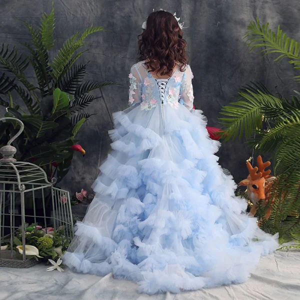 Elegant Sky Blue Prom Dresses 2019 A-Line / Princess Scoop Neck 3/4 Sleeve Appliques Lace Rhinestone Sweep Train Cascading Ruffles Backless Flower Girl Dresses