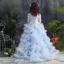 Elegant Sky Blue Prom Dresses 2019 A-Line / Princess Scoop Neck 3/4 Sleeve Appliques Lace Rhinestone Sweep Train Cascading Ruffles Backless Flower Girl Dresses