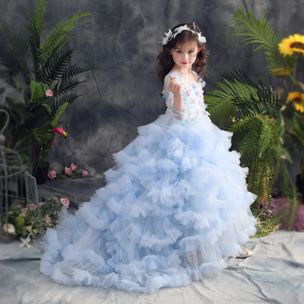 Elegant Sky Blue Prom Dresses 2019 A-Line / Princess Scoop Neck 3/4 Sleeve Appliques Lace Rhinestone Sweep Train Cascading Ruffles Backless Flower Girl Dresses