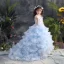 Elegant Sky Blue Prom Dresses 2019 A-Line / Princess Scoop Neck 3/4 Sleeve Appliques Lace Rhinestone Sweep Train Cascading Ruffles Backless Flower Girl Dresses