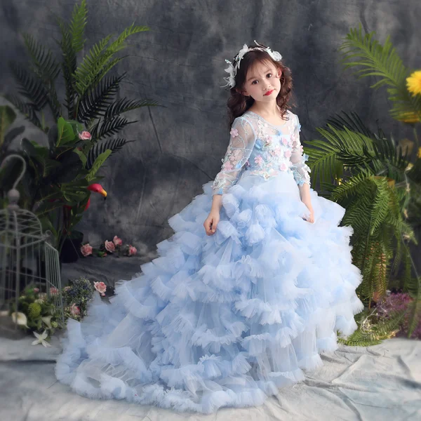Elegant Sky Blue Prom Dresses 2019 A-Line / Princess Scoop Neck 3/4 Sleeve Appliques Lace Rhinestone Sweep Train Cascading Ruffles Backless Flower Girl Dresses