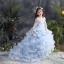 Elegant Sky Blue Prom Dresses 2019 A-Line / Princess Scoop Neck 3/4 Sleeve Appliques Lace Rhinestone Sweep Train Cascading Ruffles Backless Flower Girl Dresses