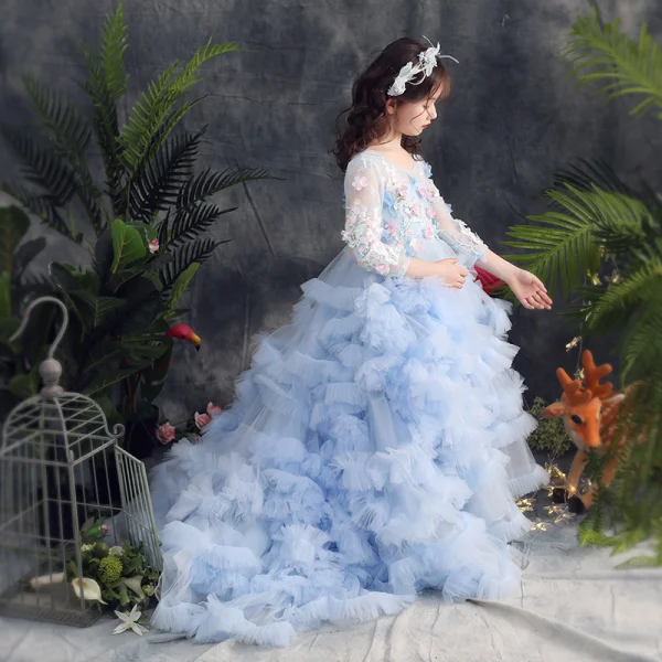 Elegant Sky Blue Prom Dresses 2019 A-Line / Princess Scoop Neck 3/4 Sleeve Appliques Lace Rhinestone Sweep Train Cascading Ruffles Backless Flower Girl Dresses