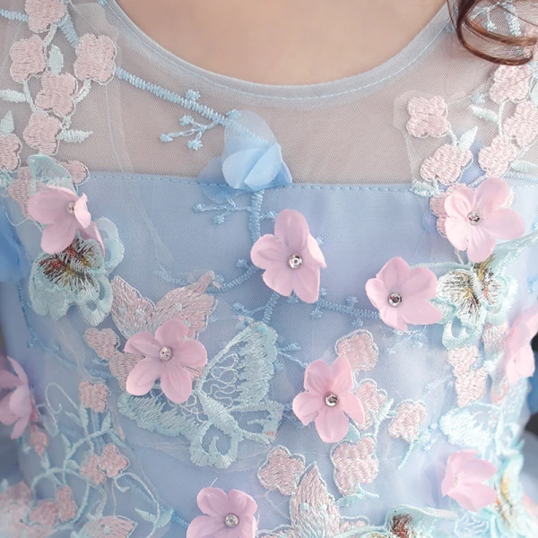 Elegant Sky Blue Prom Dresses 2019 A-Line / Princess Scoop Neck 3/4 Sleeve Appliques Lace Rhinestone Sweep Train Cascading Ruffles Backless Flower Girl Dresses