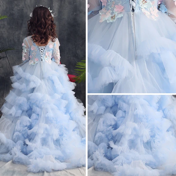 Elegant Sky Blue Prom Dresses 2019 A-Line / Princess Scoop Neck 3/4 Sleeve Appliques Lace Rhinestone Sweep Train Cascading Ruffles Backless Flower Girl Dresses