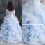 Elegant Sky Blue Prom Dresses 2019 A-Line / Princess Scoop Neck 3/4 Sleeve Appliques Lace Rhinestone Sweep Train Cascading Ruffles Backless Flower Girl Dresses