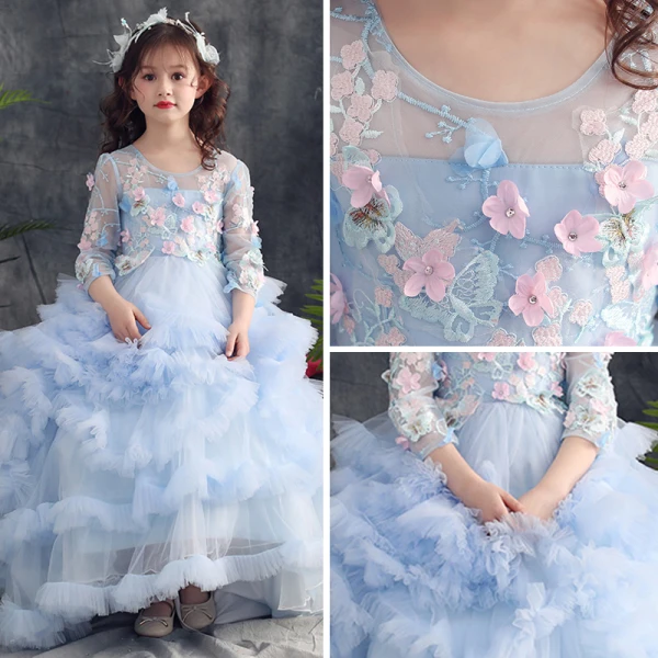 Elegant Sky Blue Prom Dresses 2019 A-Line / Princess Scoop Neck 3/4 Sleeve Appliques Lace Rhinestone Sweep Train Cascading Ruffles Backless Flower Girl Dresses
