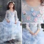 Elegant Sky Blue Prom Dresses 2019 A-Line / Princess Scoop Neck 3/4 Sleeve Appliques Lace Rhinestone Sweep Train Cascading Ruffles Backless Flower Girl Dresses