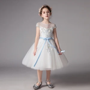 Chic Beautiful Ivory See Through Flower Girl Dresses 2019 A Line Princess Scoop Neck Short Sleeve Sash Appliques Lace Tea Length Ruffle Wedding Party Dresses