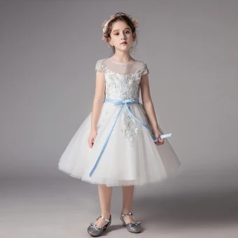Chic Beautiful Ivory See Through Flower Girl Dresses 2019 A Line Princess Scoop Neck Short Sleeve Sash Appliques Lace Tea Length Ruffle Wedding Party Dresses