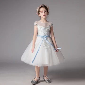 Chic Beautiful Ivory See Through Flower Girl Dresses 2019 A Line Princess Scoop Neck Short Sleeve Sash Appliques Lace Tea Length Ruffle Wedding Party Dresses