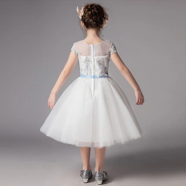 Chic / Beautiful Ivory See-through Flower Girl Dresses 2019 A-Line / Princess Scoop Neck Short Sleeve Sash Appliques Lace Tea-length Ruffle Wedding Party Dresses