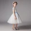 Chic / Beautiful Ivory See-through Flower Girl Dresses 2019 A-Line / Princess Scoop Neck Short Sleeve Sash Appliques Lace Tea-length Ruffle Wedding Party Dresses