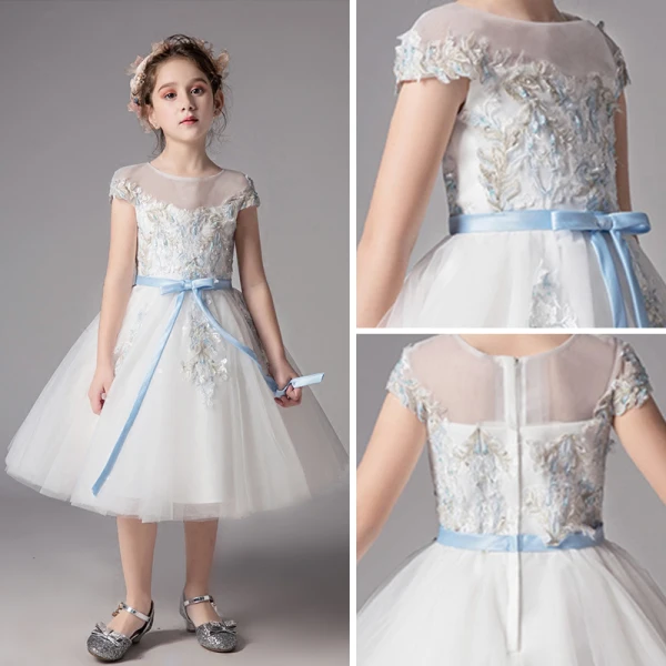 Chic / Beautiful Ivory See-through Flower Girl Dresses 2019 A-Line / Princess Scoop Neck Short Sleeve Sash Appliques Lace Tea-length Ruffle Wedding Party Dresses