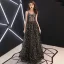 Elegante Schwarz Ballkleider 2019 A Linie Spaghettiträger Ärmellos Glanz Star Lange Rüschen Rückenfreies Festliche Kleider
