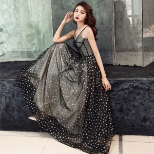 Élégant Noire Robe De Bal 2019 Princesse Bretelles Spaghetti Sans Manches Glitter Étoile Longue Volants Dos Nu Robe De Ceremonie