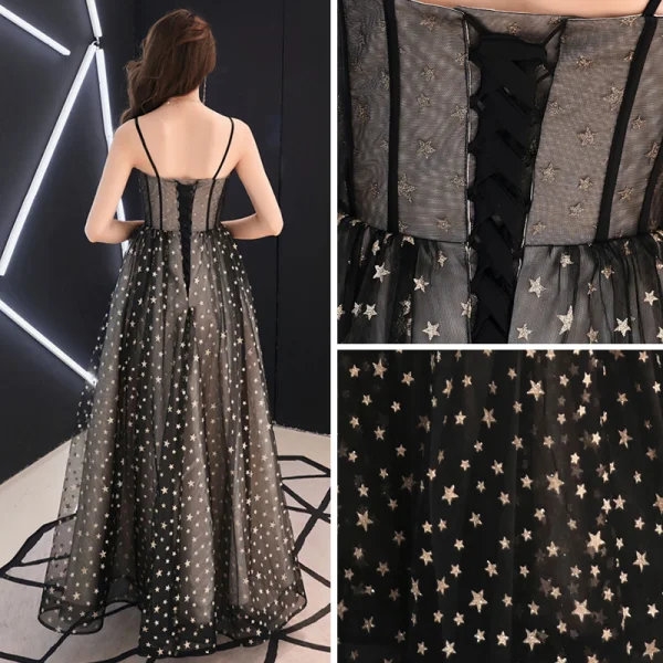 Elegante Schwarz Ballkleider 2019 A Linie Spaghettiträger Ärmellos Glanz Star Lange Rüschen Rückenfreies Festliche Kleider
