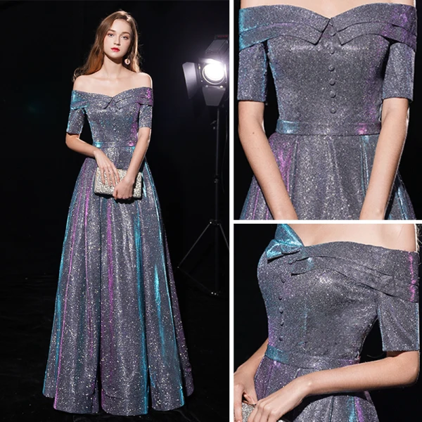 Bling Bling Multi-Färger Aftonklänningar 2019 Prinsessa Av Axeln 1/2 ärm Glittriga / Glitter Polyester Långa Ruffle Halterneck Formella Klänningar