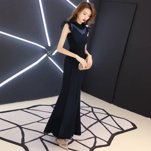 Vintage Originale Bleu Marine Transparentes Robe De Soirée 2019 Trompette Sirène Col Haut Sans Manches Longue Volants Robe De Ceremonie