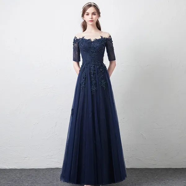 Modern / Fashion Navy Blue See-through Prom Dresses 2018 A-Line / Princess Scoop Neck 1/2 Sleeves Appliques Lace Beading Floor-Length / Long Ruffle Formal Dresses