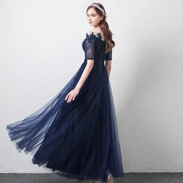 Modern / Fashion Navy Blue See-through Prom Dresses 2018 A-Line / Princess Scoop Neck 1/2 Sleeves Appliques Lace Beading Floor-Length / Long Ruffle Formal Dresses