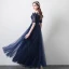 Modern / Fashion Navy Blue See-through Prom Dresses 2018 A-Line / Princess Scoop Neck 1/2 Sleeves Appliques Lace Beading Floor-Length / Long Ruffle Formal Dresses