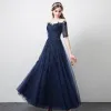 Modern / Fashion Navy Blue See-through Prom Dresses 2018 A-Line / Princess Scoop Neck 1/2 Sleeves Appliques Lace Beading Floor-Length / Long Ruffle Formal Dresses