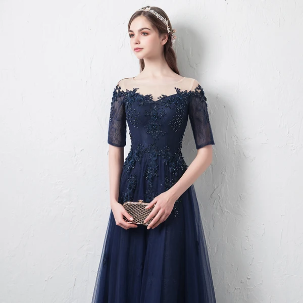 Modern / Fashion Navy Blue See-through Prom Dresses 2018 A-Line / Princess Scoop Neck 1/2 Sleeves Appliques Lace Beading Floor-Length / Long Ruffle Formal Dresses