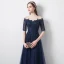 Modern / Fashion Navy Blue See-through Prom Dresses 2018 A-Line / Princess Scoop Neck 1/2 Sleeves Appliques Lace Beading Floor-Length / Long Ruffle Formal Dresses