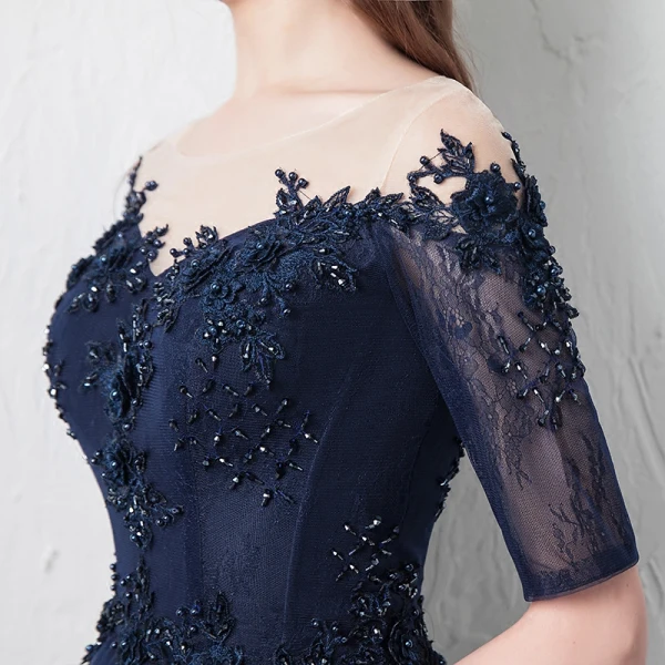 Modern / Fashion Navy Blue See-through Prom Dresses 2018 A-Line / Princess Scoop Neck 1/2 Sleeves Appliques Lace Beading Floor-Length / Long Ruffle Formal Dresses
