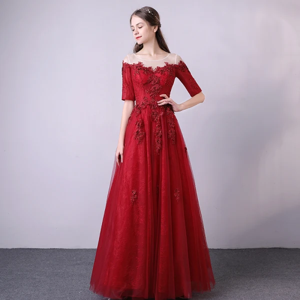 Modern / Fashion Navy Blue See-through Prom Dresses 2018 A-Line / Princess Scoop Neck 1/2 Sleeves Appliques Lace Beading Floor-Length / Long Ruffle Formal Dresses