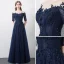 Modern / Fashion Navy Blue See-through Prom Dresses 2018 A-Line / Princess Scoop Neck 1/2 Sleeves Appliques Lace Beading Floor-Length / Long Ruffle Formal Dresses