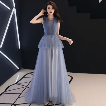 Chic Bleu Ciel Transparentes Robe De Soirée 2019 Princesse Encolure Dégagée Sans Manches Appliques Fleur Train De Balayage Volants Dos Nu Robe De Ceremonie