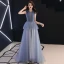 Chic Bleu Ciel Transparentes Robe De Soirée 2019 Princesse Encolure Dégagée Sans Manches Appliques Fleur Train De Balayage Volants Dos Nu Robe De Ceremonie