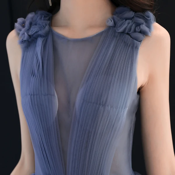 Chic Bleu Ciel Transparentes Robe De Soirée 2019 Princesse Encolure Dégagée Sans Manches Appliques Fleur Train De Balayage Volants Dos Nu Robe De Ceremonie