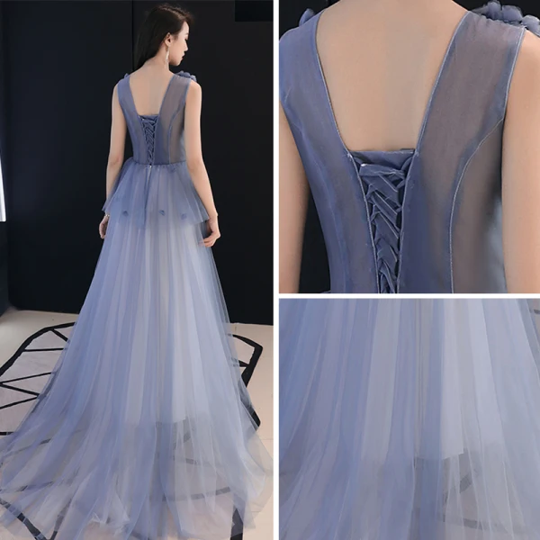 Chic Bleu Ciel Transparentes Robe De Soirée 2019 Princesse Encolure Dégagée Sans Manches Appliques Fleur Train De Balayage Volants Dos Nu Robe De Ceremonie
