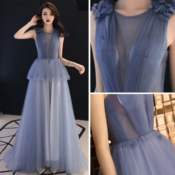 Chic Bleu Ciel Transparentes Robe De Soirée 2019 Princesse Encolure Dégagée Sans Manches Appliques Fleur Train De Balayage Volants Dos Nu Robe De Ceremonie