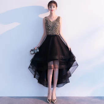 Haute Basse Noire Robe De Cocktail 2019 Princesse V Cou Sans Manches Asymétrique Volants Dos Nu Robe De Ceremonie