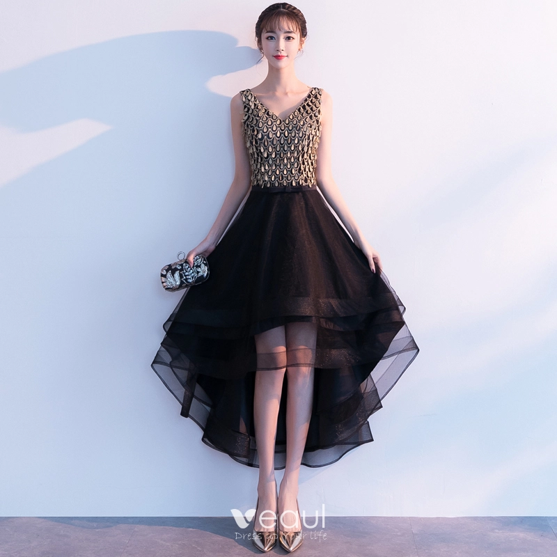 High Low Black Cocktail Dresses 2019 A-Line / Princess V-Neck Sleeveless Asymmetrical Ruffle Backless Formal Dresses