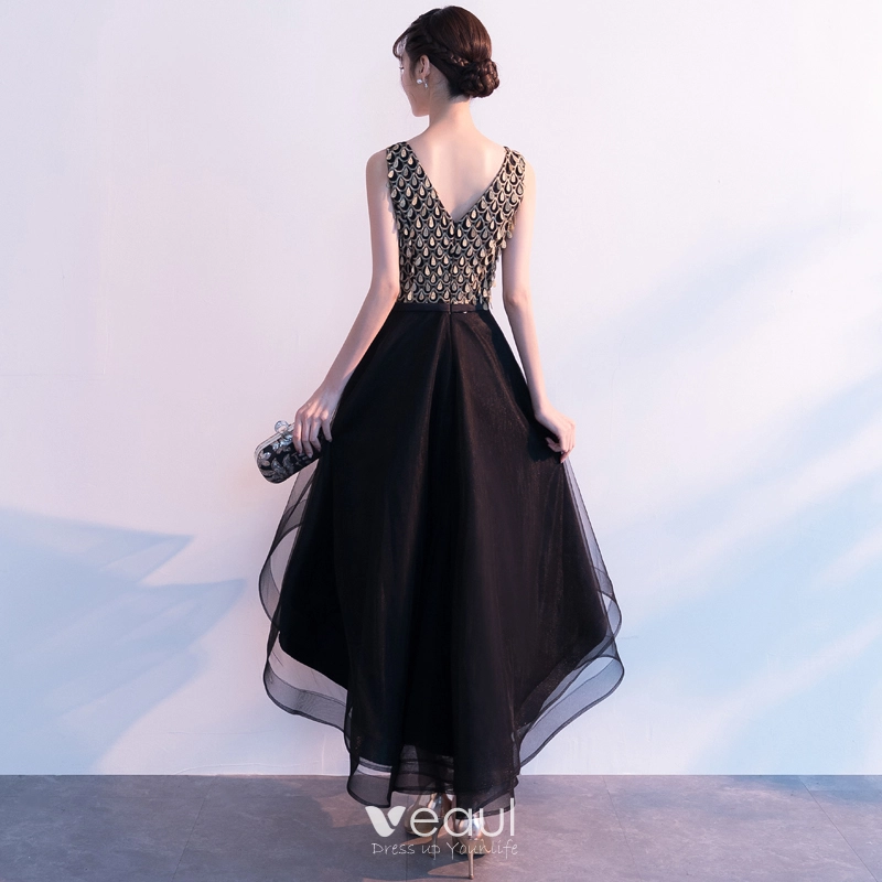 High Low Black Cocktail Dresses 2019 A-Line / Princess V-Neck Sleeveless Asymmetrical Ruffle Backless Formal Dresses High Low Black Cocktail Dresses 2019 A-Line / Princess V-Neck Sleeveless Asymmetrical Ruffle Backless Formal Dresses