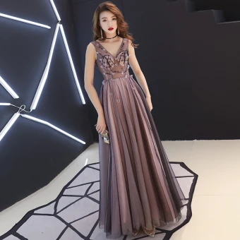 Sexy Noire Perle Rose Transparentes Robe De Soirée 2019 Princesse V Cou Sans Manches Appliques Fleur Perlage Longue Volants Dos Nu Robe De Ceremonie