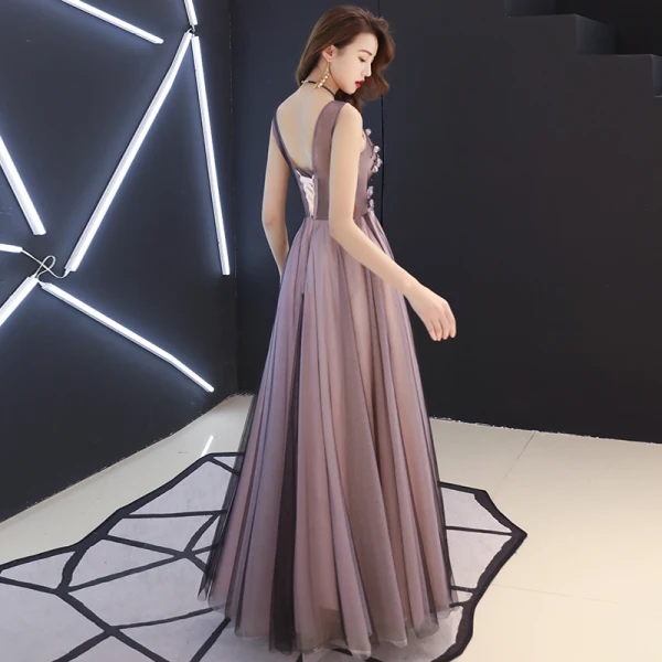 Sexy Black Pearl Pink See-through Evening Dresses  2019 A-Line / Princess V-Neck Sleeveless Appliques Flower Beading Floor-Length / Long Ruffle Backless Formal Dresses