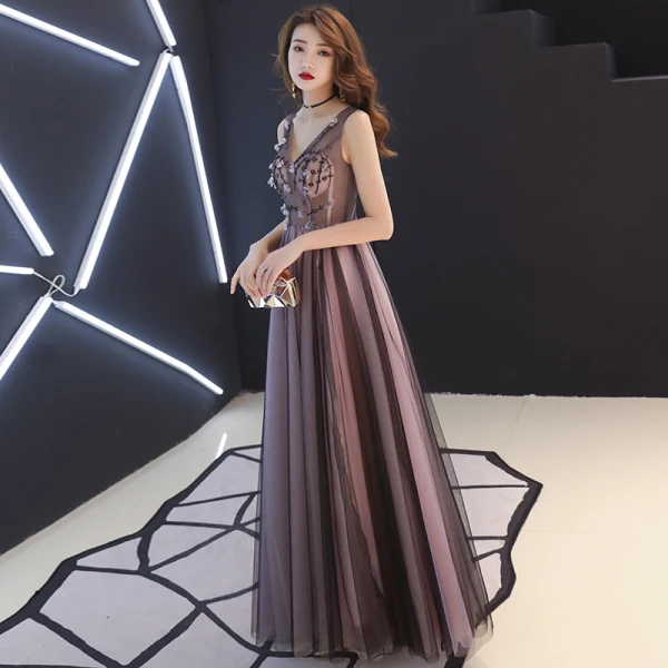 Sexy Black Pearl Pink See-through Evening Dresses  2019 A-Line / Princess V-Neck Sleeveless Appliques Flower Beading Floor-Length / Long Ruffle Backless Formal Dresses