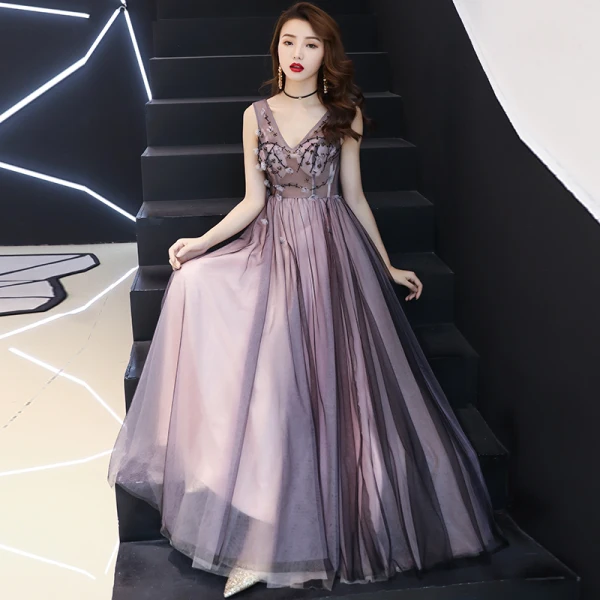 Sexy Black Pearl Pink See-through Evening Dresses  2019 A-Line / Princess V-Neck Sleeveless Appliques Flower Beading Floor-Length / Long Ruffle Backless Formal Dresses