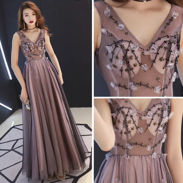 Sexy Black Pearl Pink See-through Evening Dresses  2019 A-Line / Princess V-Neck Sleeveless Appliques Flower Beading Floor-Length / Long Ruffle Backless Formal Dresses
