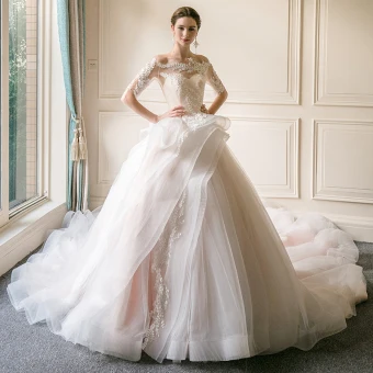 Edles Champagner Durchsichtige Brautkleider Hochzeitskleider 2019 Ballkleid Eckiger Ausschnitt 1 2 Ärmel Applikationen Spitze Rückenfreies Kathedrale Schleppe Rüschen