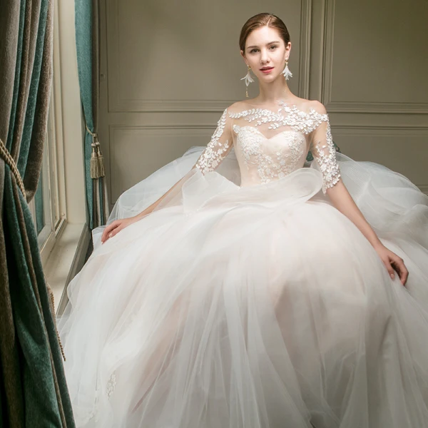Edles Champagner Durchsichtige Brautkleider / Hochzeitskleider 2019 Ballkleid Eckiger Ausschnitt 1/2 Ärmel Applikationen Spitze Rückenfreies Kathedrale Schleppe Rüschen