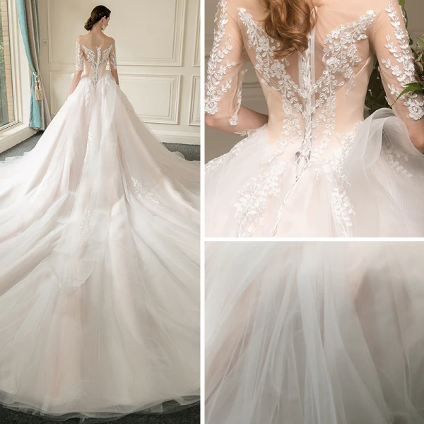 Edles Champagner Durchsichtige Brautkleider / Hochzeitskleider 2019 Ballkleid Eckiger Ausschnitt 1/2 Ärmel Applikationen Spitze Rückenfreies Kathedrale Schleppe Rüschen