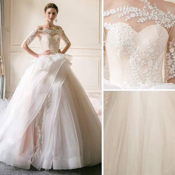 Edles Champagner Durchsichtige Brautkleider / Hochzeitskleider 2019 Ballkleid Eckiger Ausschnitt 1/2 Ärmel Applikationen Spitze Rückenfreies Kathedrale Schleppe Rüschen
