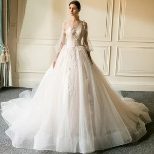 Elegant Champagne Gjennomsiktig Brudekjoler 2019 Prinsesse Scoop Halsen Avtakbar 3 4 Ermer Appliques Blonder Cathedral Train Buste
